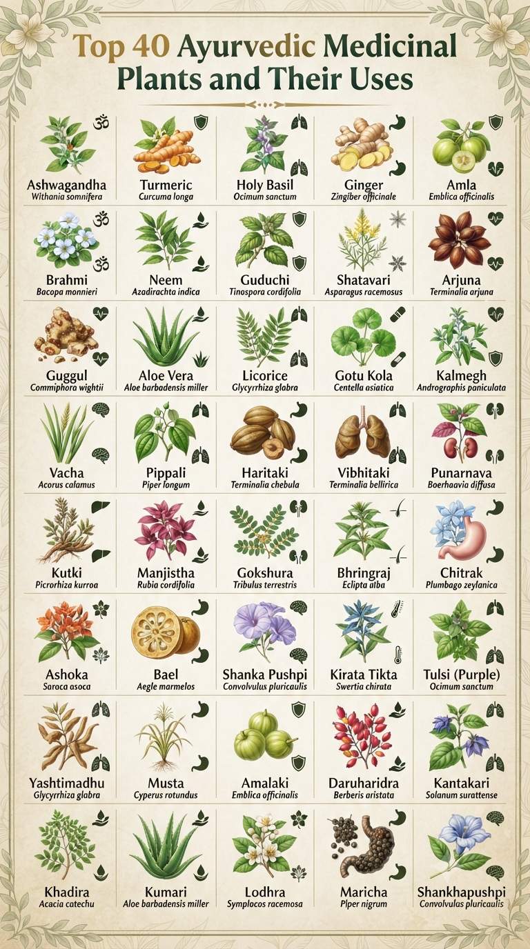 Top 40 Ayurvedic Medicinal Plants and Their Uses